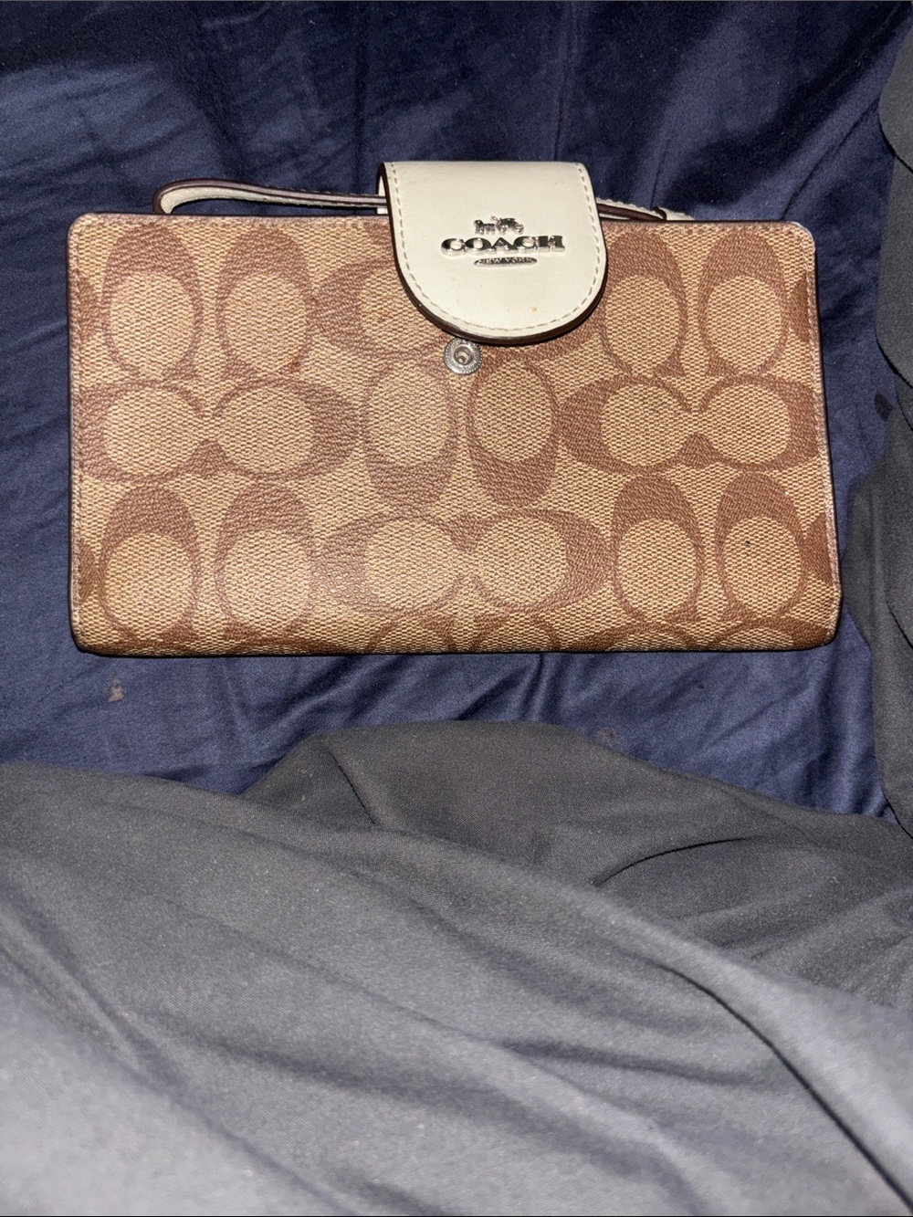 Coach Brown Signature Canvas Wristlet with Cream Snap Tab